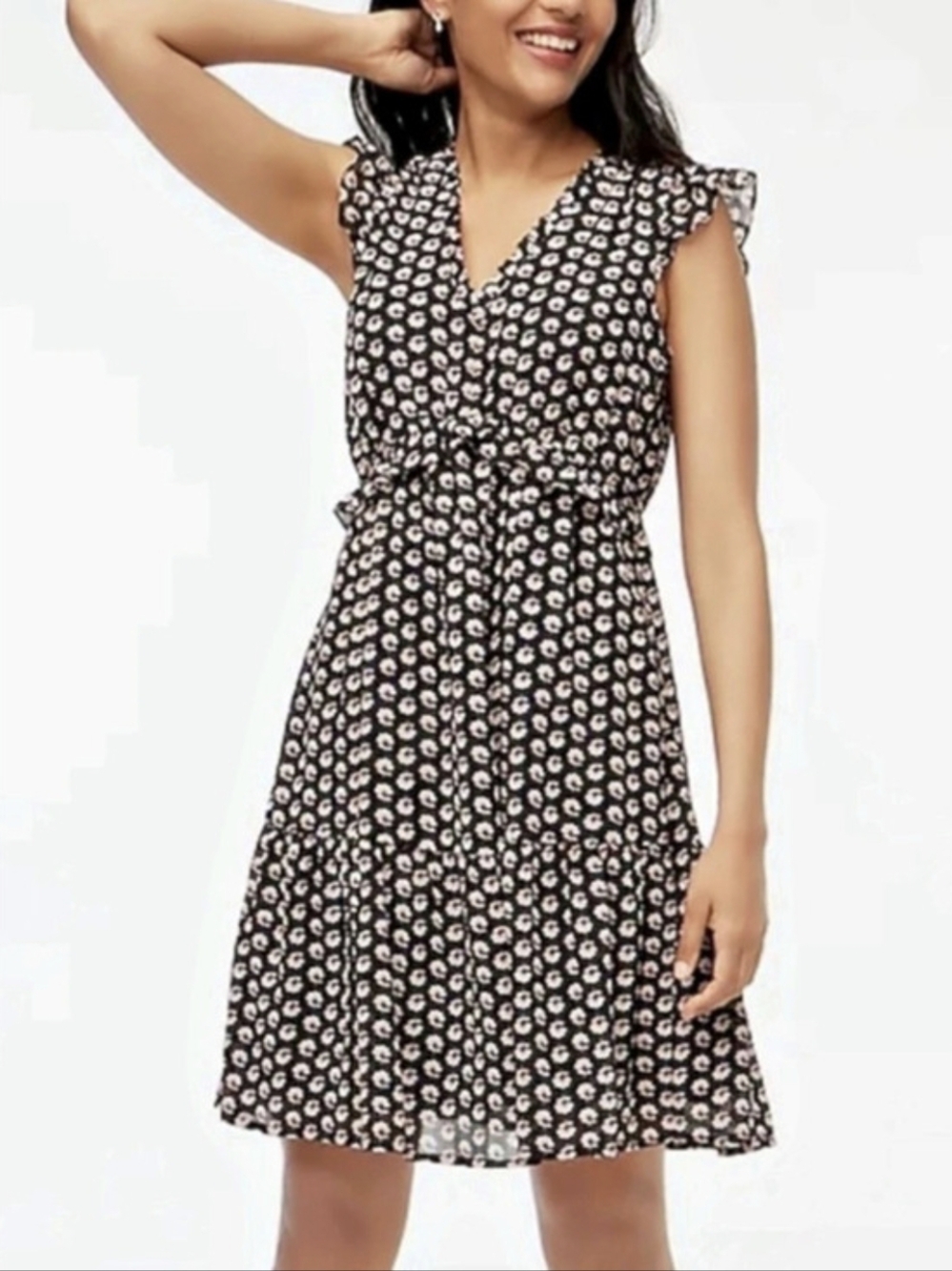 J.Crew Black Floral Ruffle Tiered Flutter Sleeve Dress Size 6